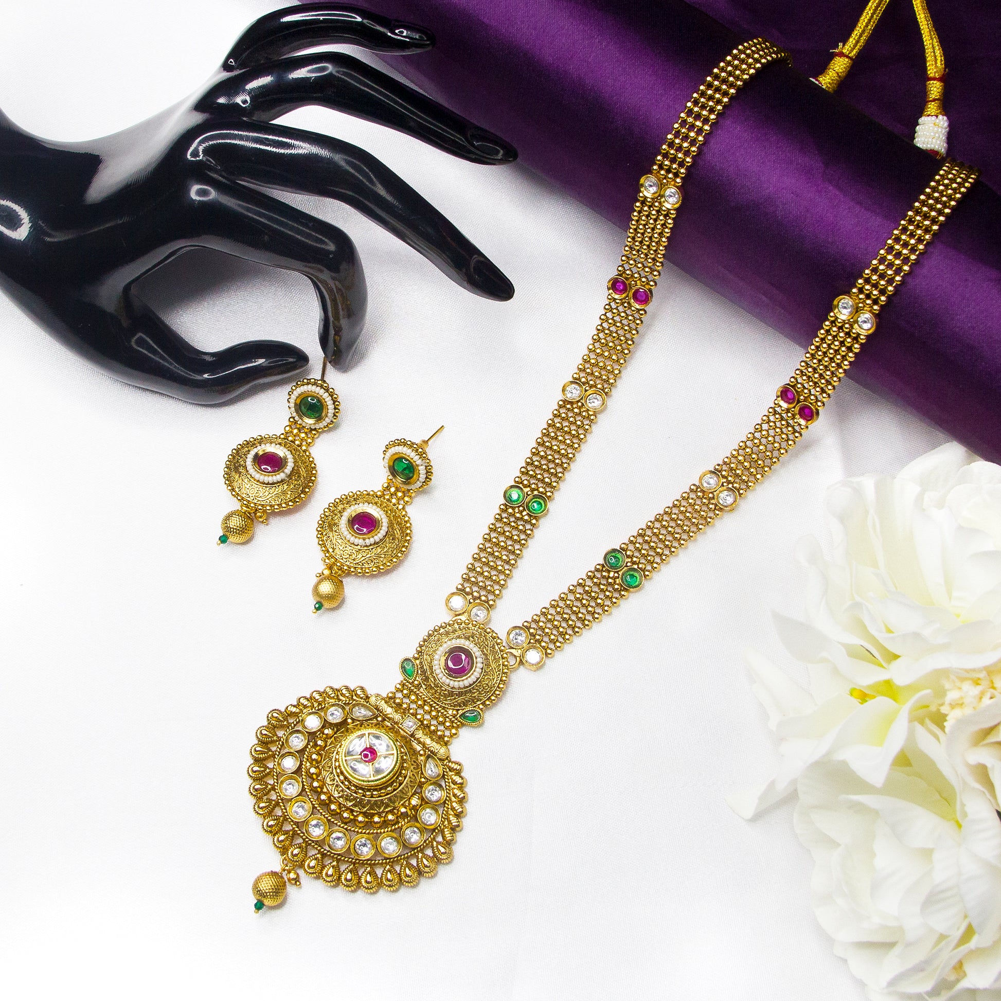 Top view of Kundan Stone Antique Long Necklace & Earrings , Ruby Green White Stones 