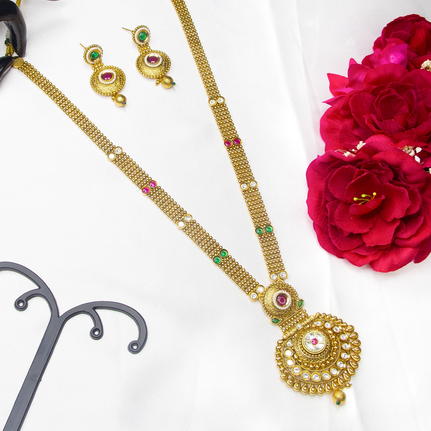 Top view of Kundan Stone Antique Long Necklace & Earrings , Ruby Green White Stones 