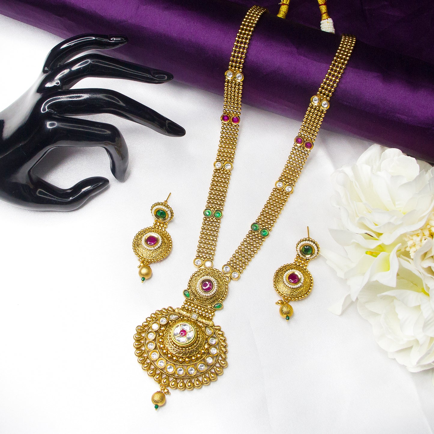 Top view of Kundan Stone Antique Long Necklace & Earrings , Ruby Green White Stones 