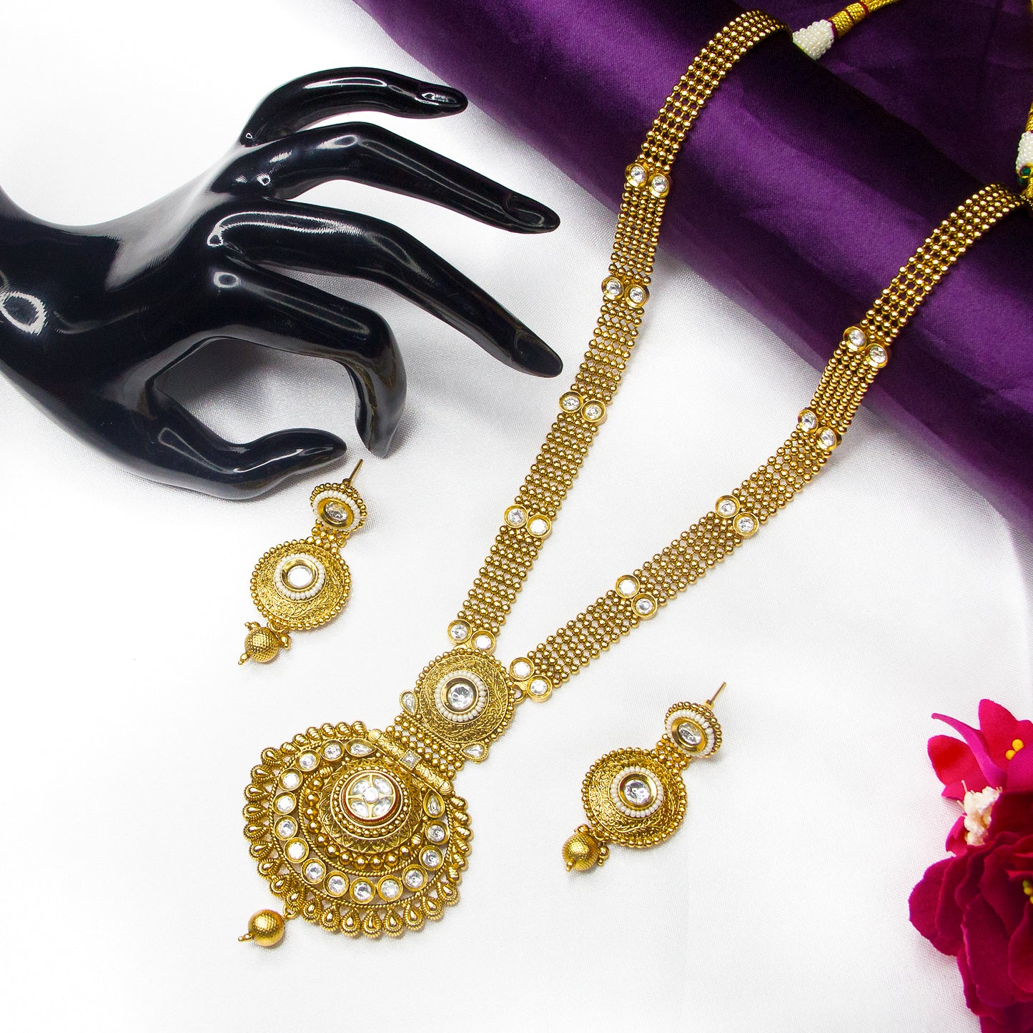 Top view of Kundan Stone Antique Long Necklace & Earrings , White Stones 