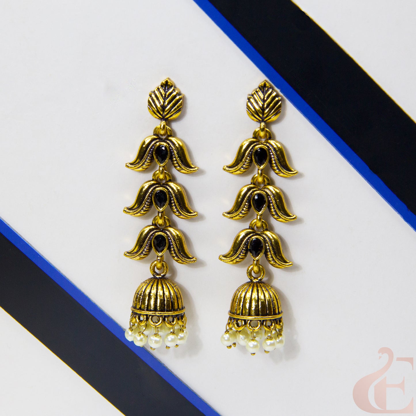 Front view of Mehndi Polish Long Model Jhumka Earring Black Stone