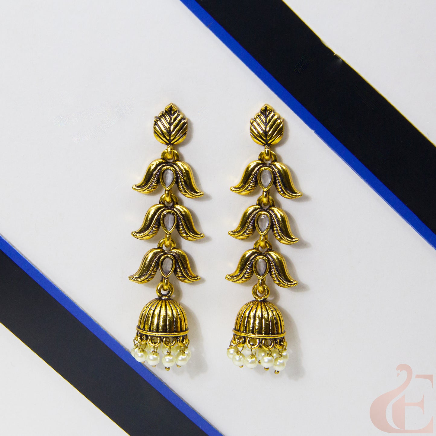 Front view of Mehndi Polish Long Model Jhumka Earring Grey Stone 