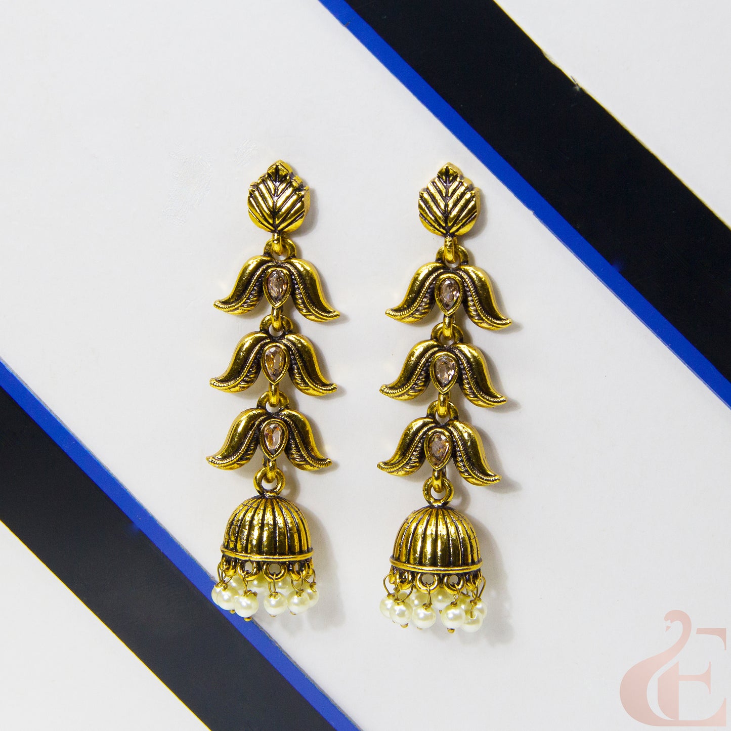Front view of Mehndi Polish Long Model Jhumka Earring Light Brown Stone 