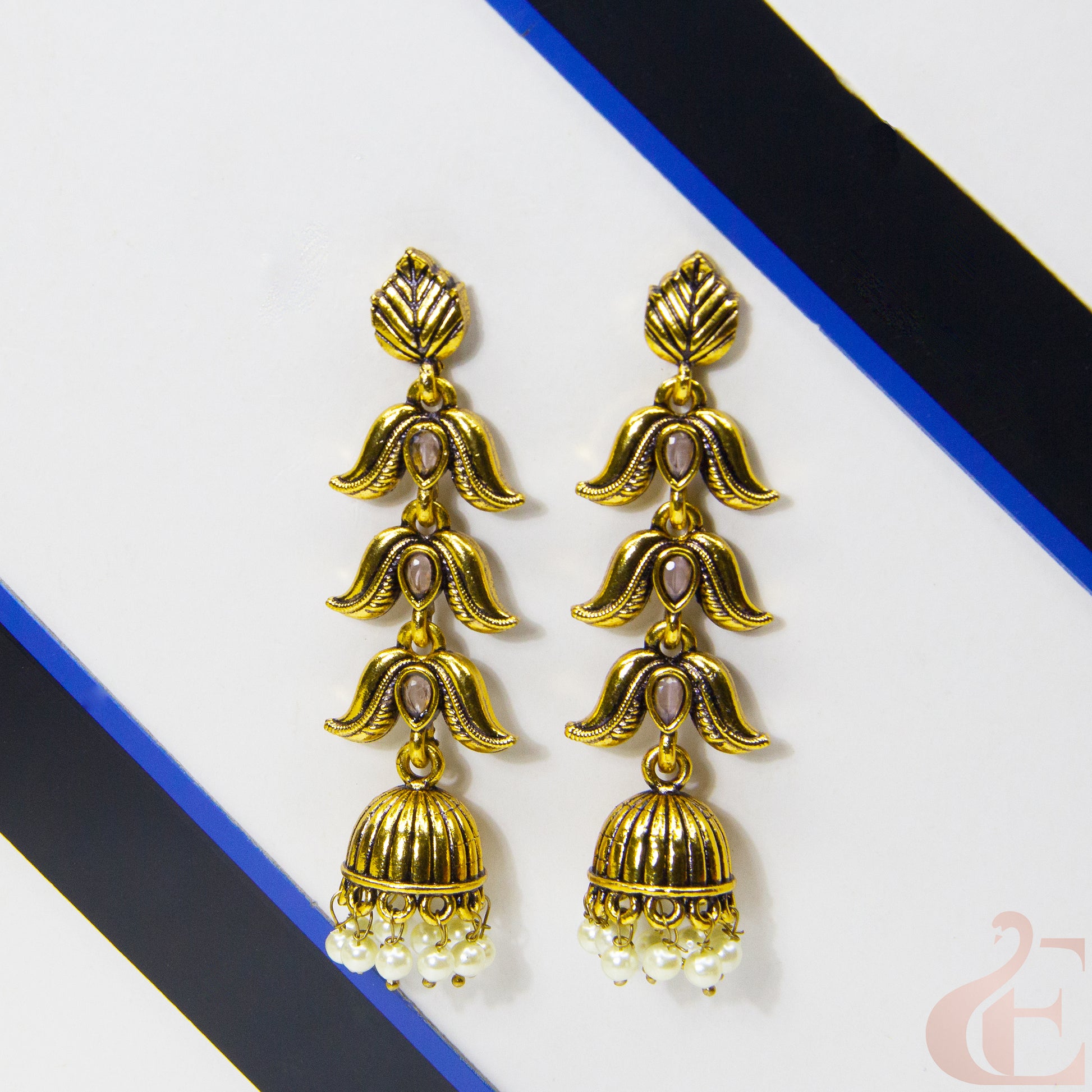 Front view of Mehndi Polish Long Model Jhumka Earring Light Pink Stone 