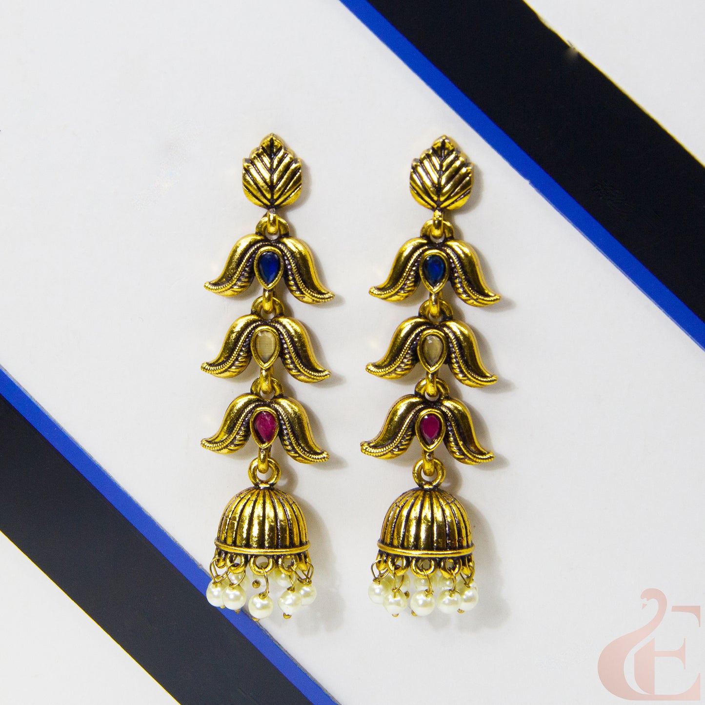 Front view of Mehndi Polish Long Model Jhumka Earring Multi Color Stone 20