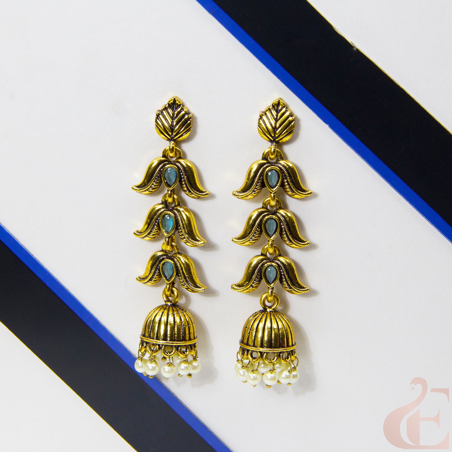 Front view of Mehndi Polish Long Model Jhumka Earring Olive Green Stone 20