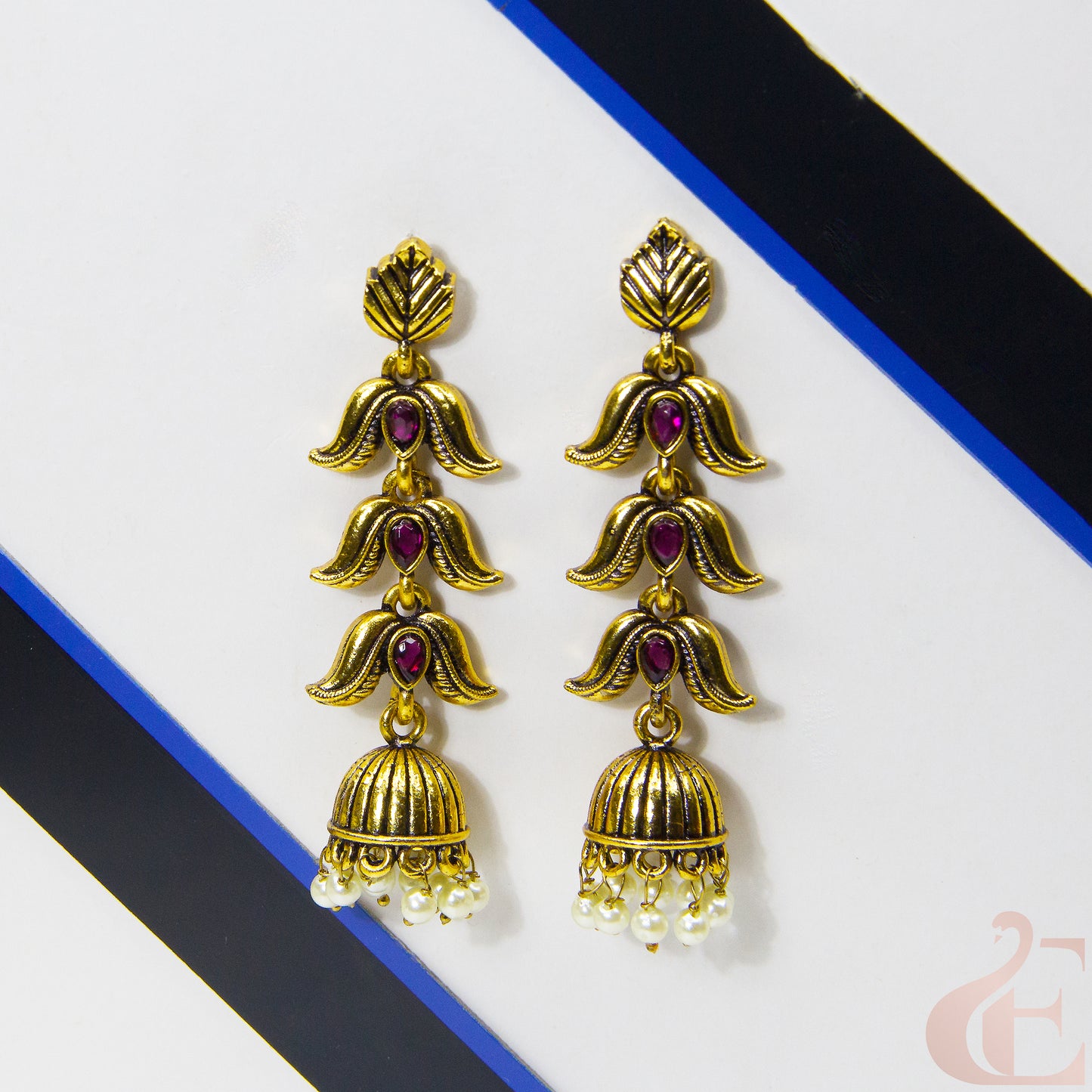 Front view of Mehndi Polish Long Model Jhumka Earring Rani Pink Stone 