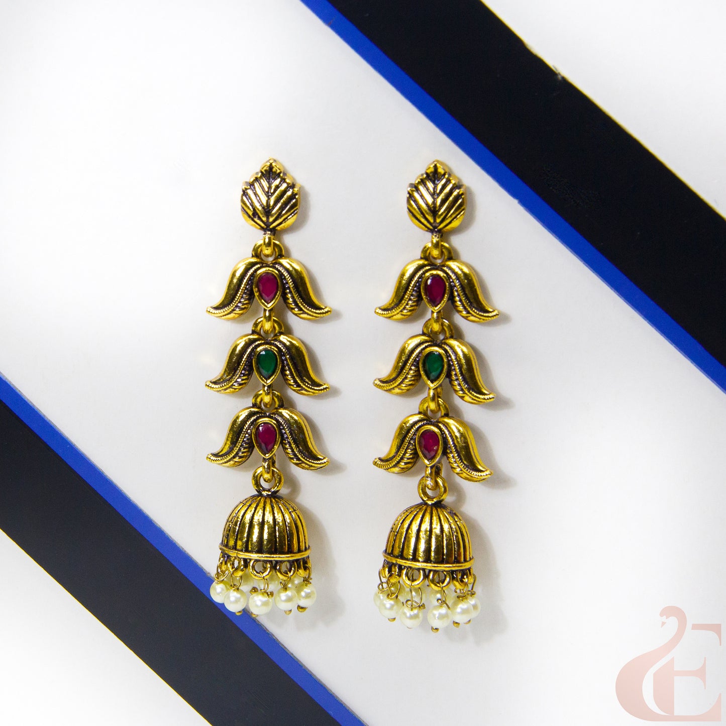 Front view of Mehndi Polish Long Model Jhumka Earring Ruby Green Stone 