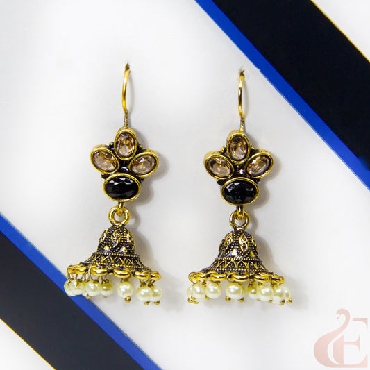 Front view of Mehndi Polish hook model jhumka earrings Black Stone 
