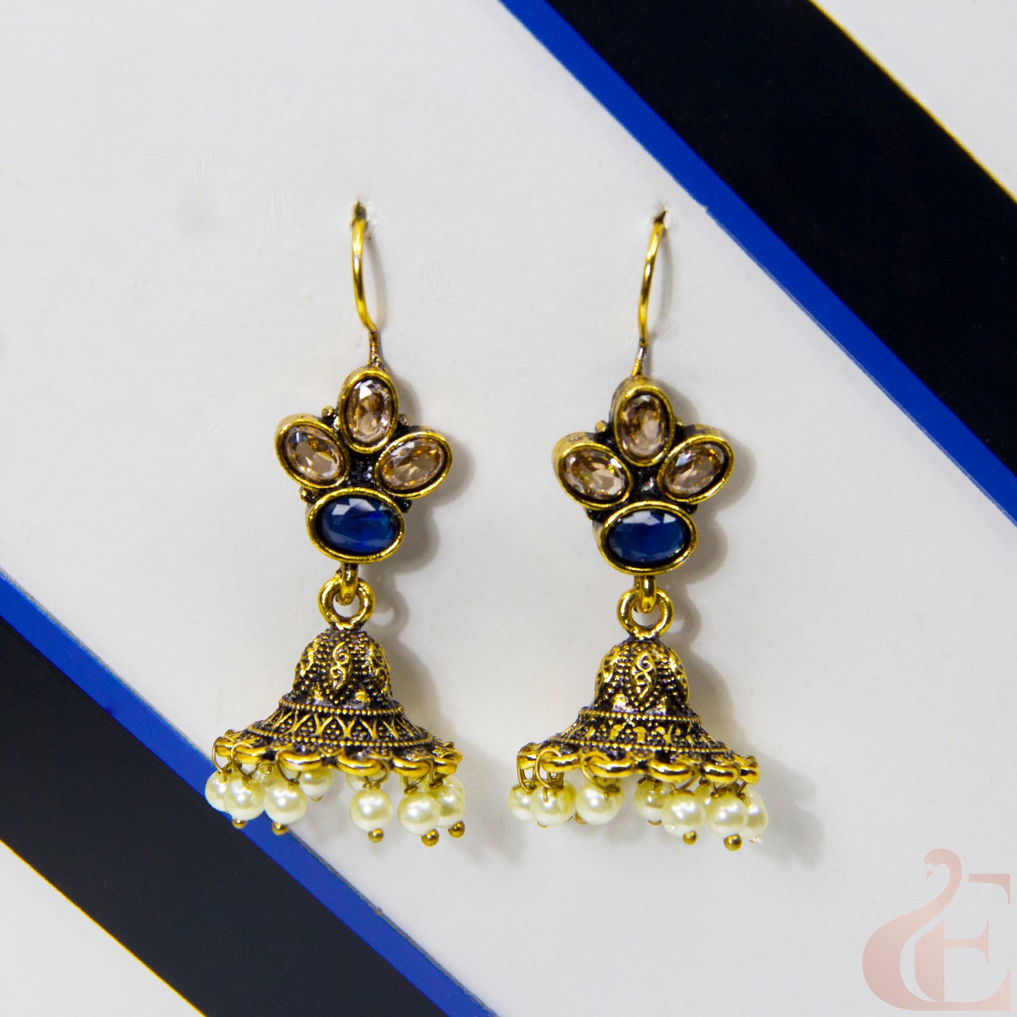 Front view of Mehndi Polish hook model jhumka earrings Blue Stone 