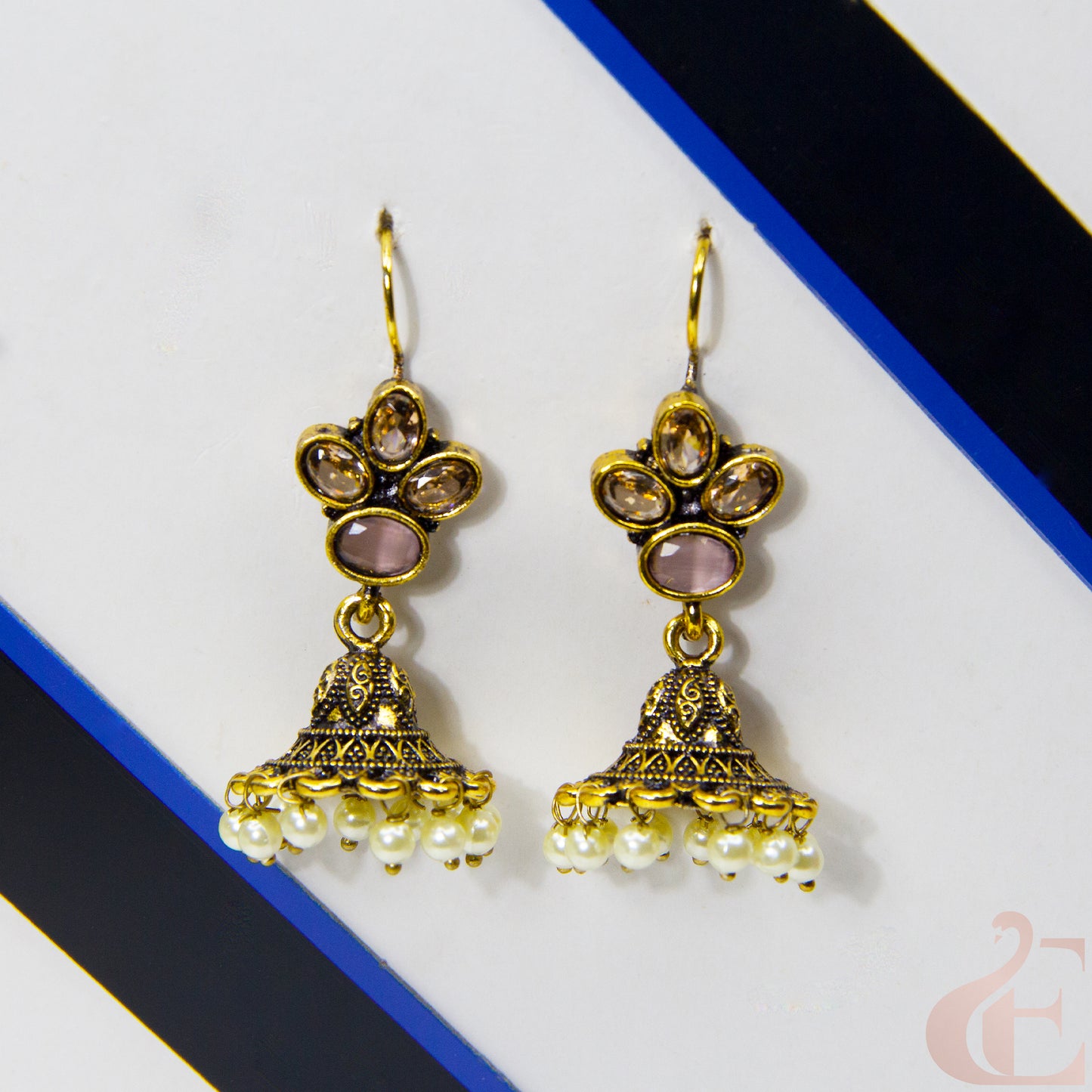 Front view of Mehndi Polish hook model jhumka earrings Light Pink Stone 