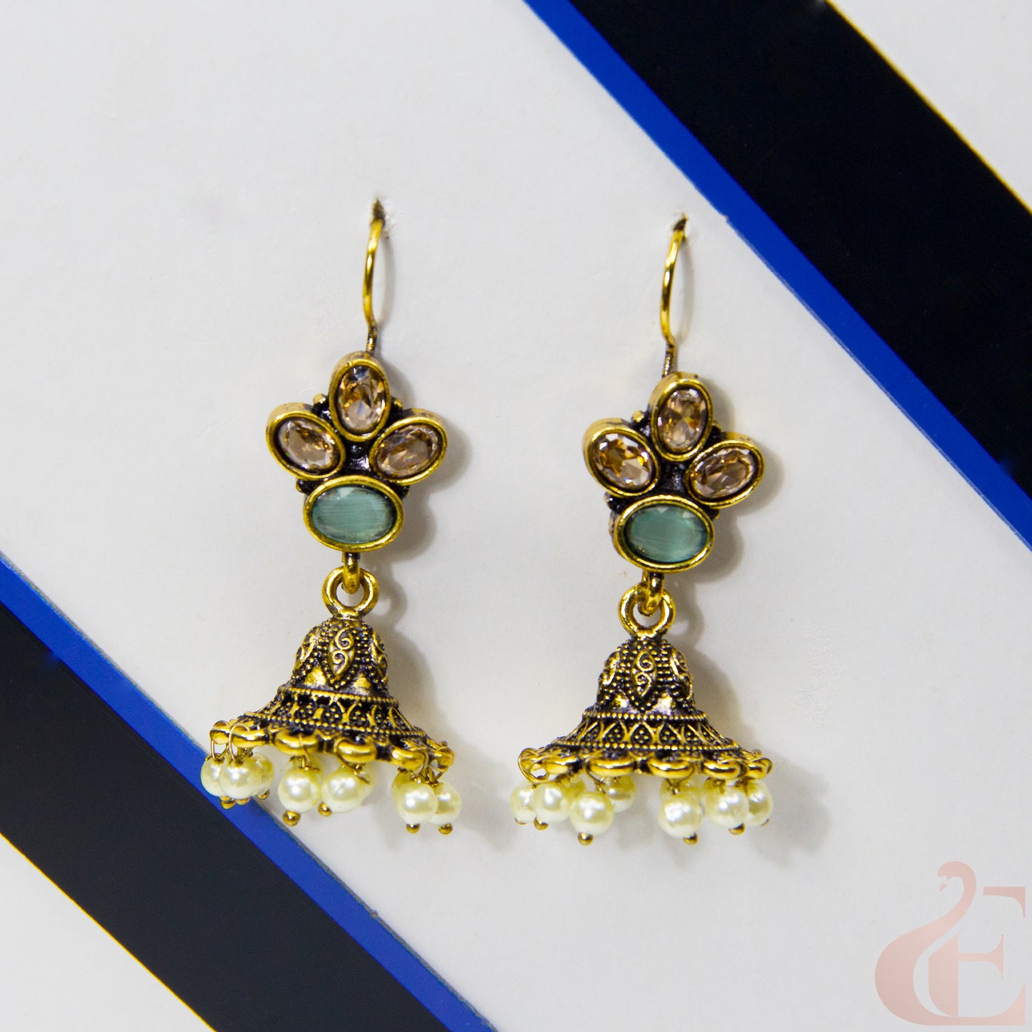 Front view of Mehndi Polish hook model jhumka earrings Pista Green Stone 