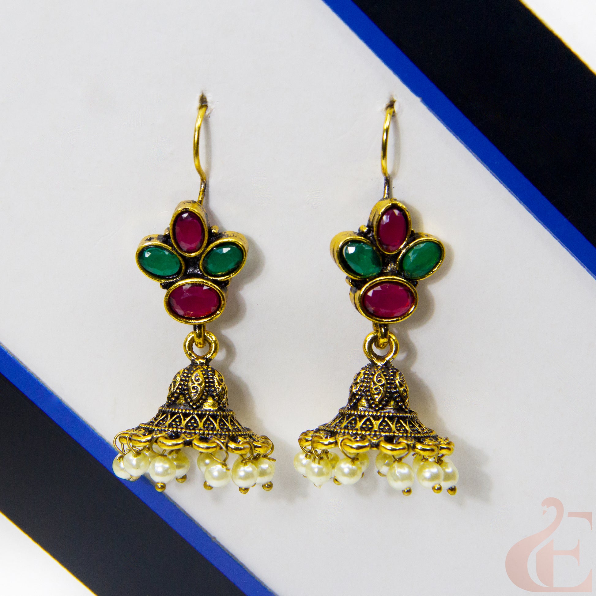 Front view of Mehndi Polish hook model jhumka earrings Ruby Green Stone 