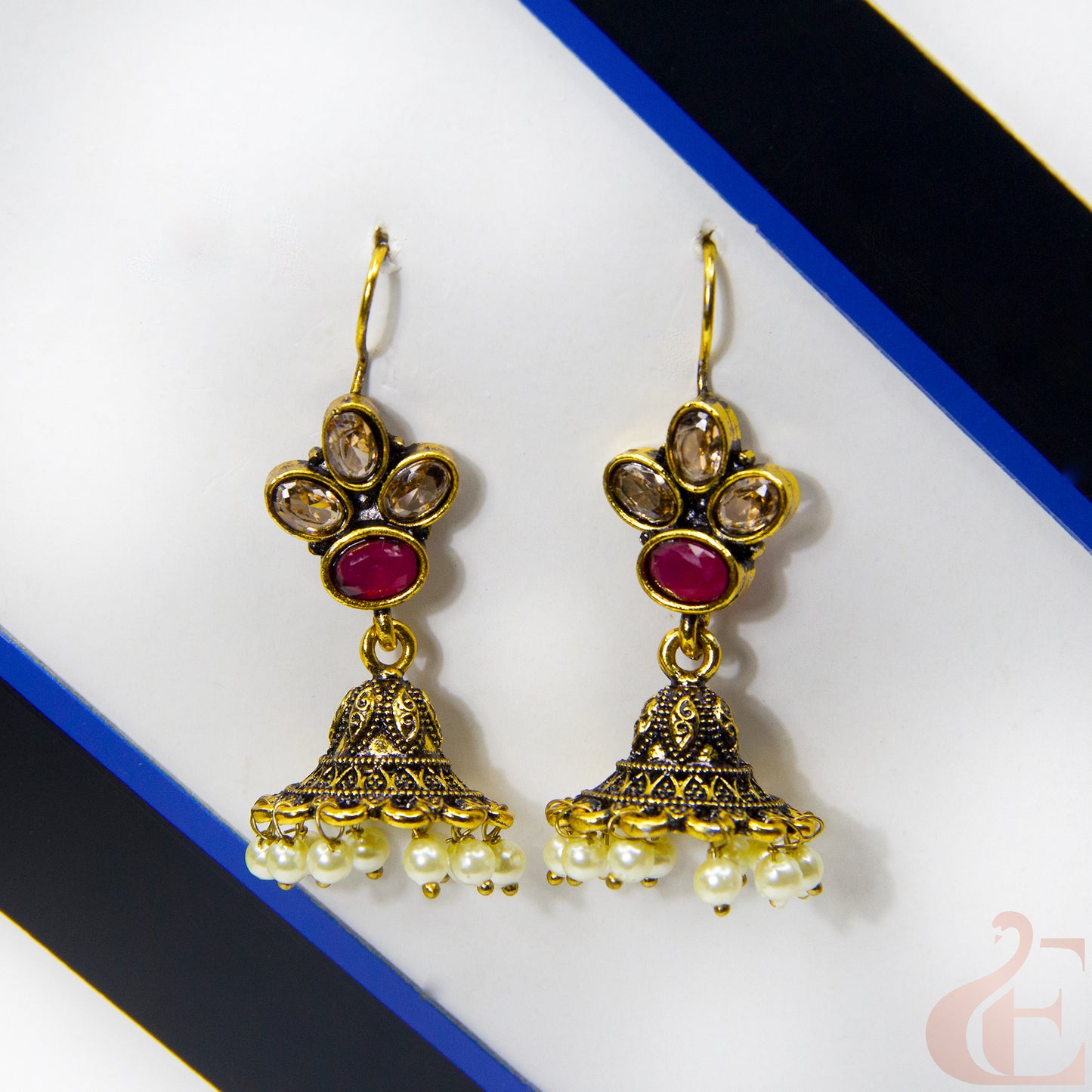 Front view of Mehndi Polish hook model jhumka earrings Ruby Stone 
