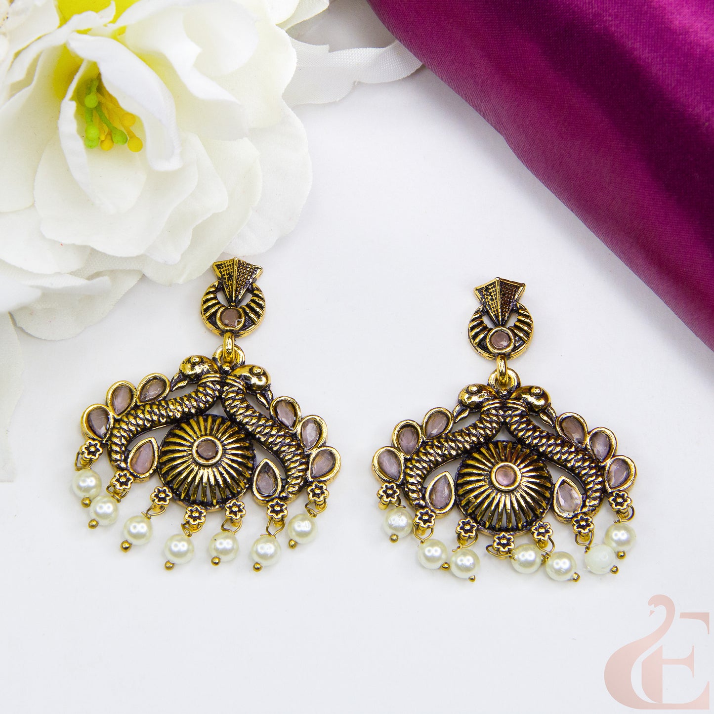 Top view of Mehndi finish oxidised earrings Light Pink Stone