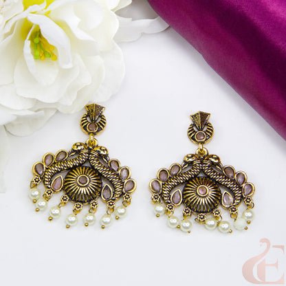 Top view of Mehndi finish oxidised earrings Light Pink Stone