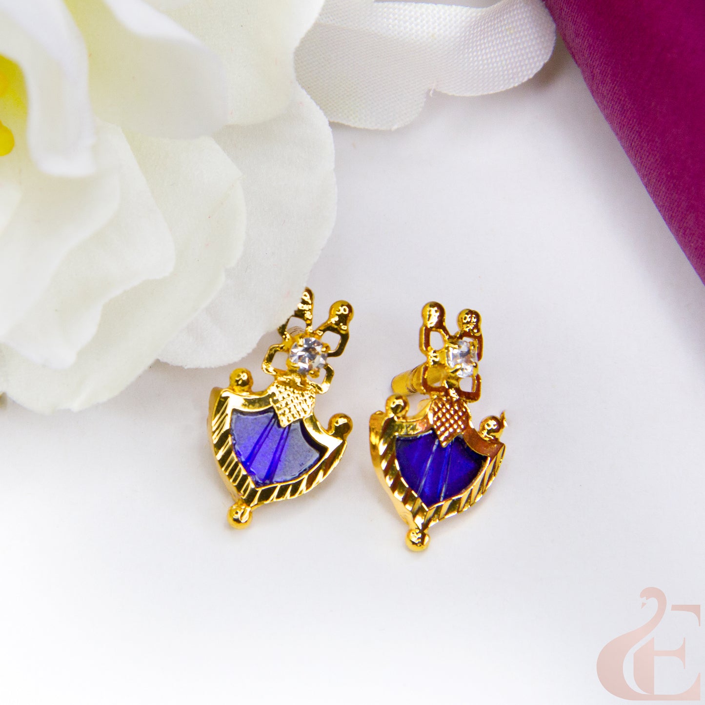 Top view of Micro Gold Plated Kerala Palakka Earrings Blue stone