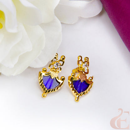Top view of Micro Gold Plated Kerala Palakka Earrings Blue stone