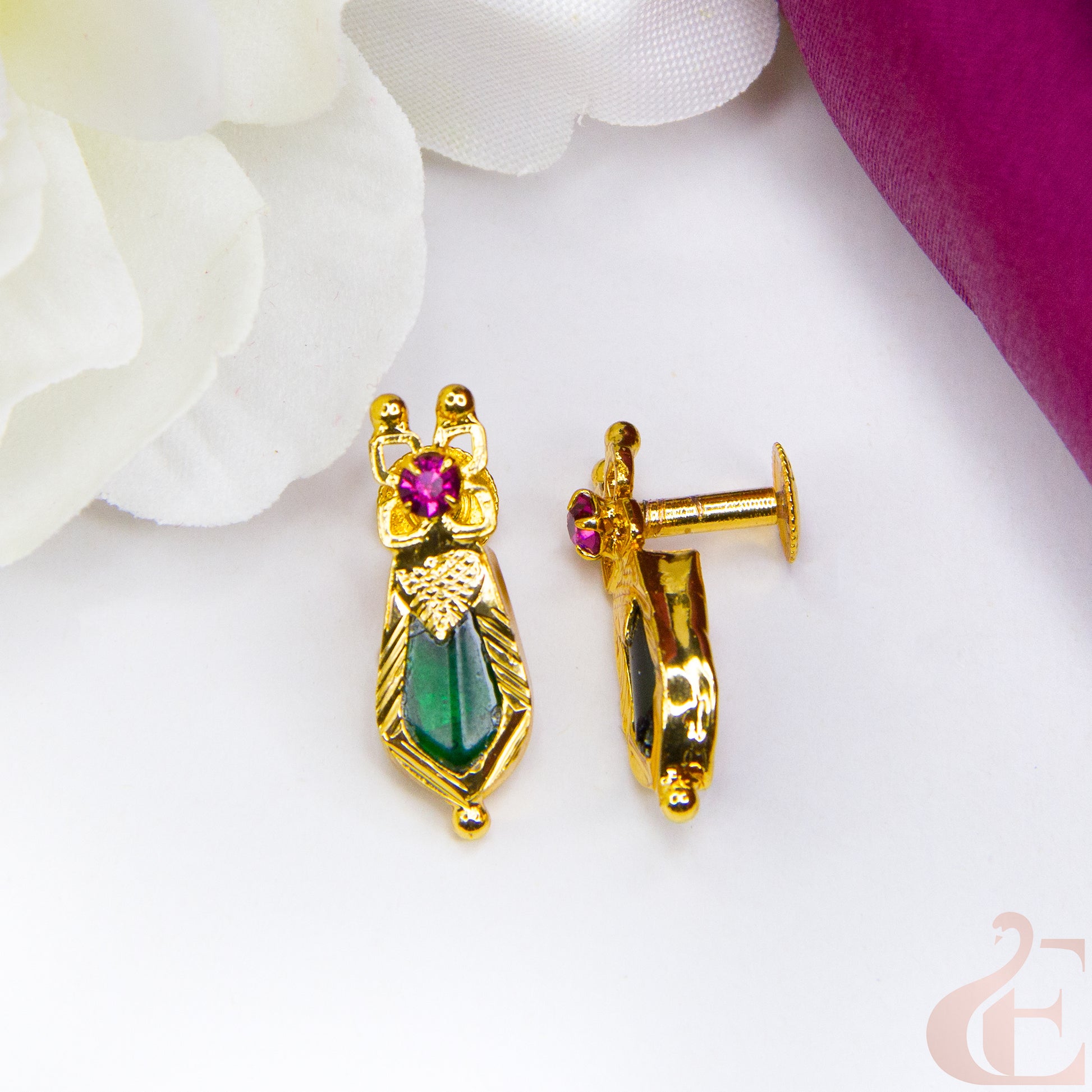 Top  front & side angle view of Green Nagapadam Palakka Earrings green ruby stone 