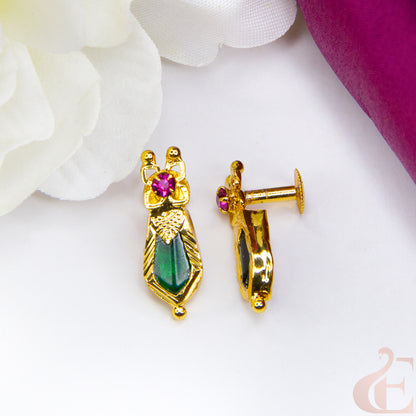 Top  front & side angle view of Green Nagapadam Palakka Earrings green ruby stone 