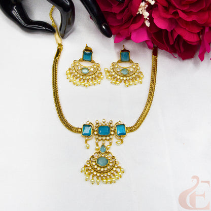 Top view of ocean blue stones Antique AD Choker & Earrings 