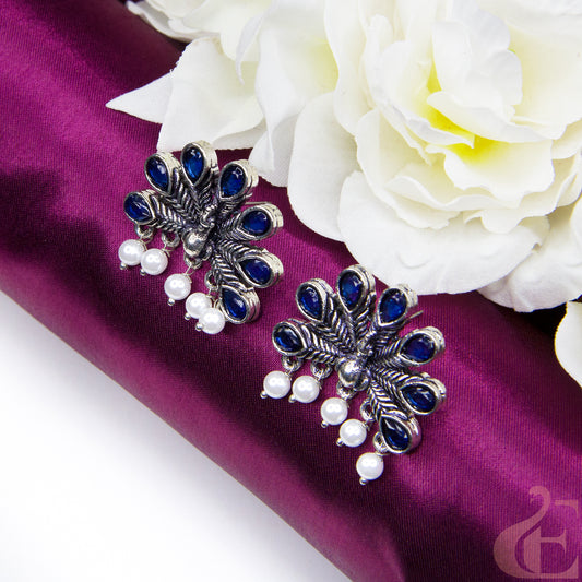 Top view of Oxidised Peacock Blue Color Earrings 