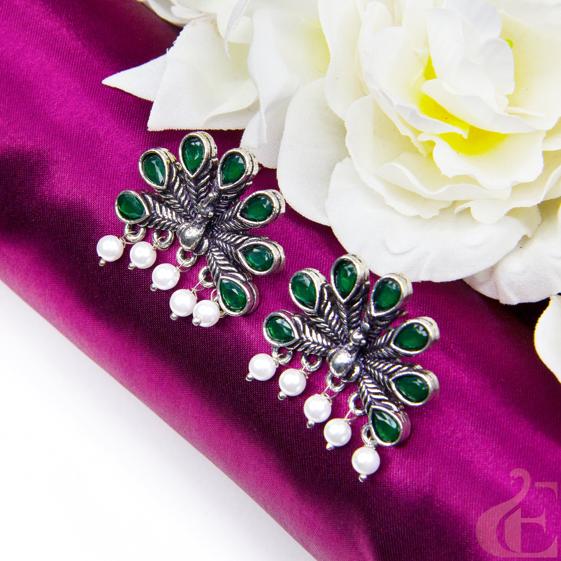 Top view of Oxidised Peacock Green Color Earrings 