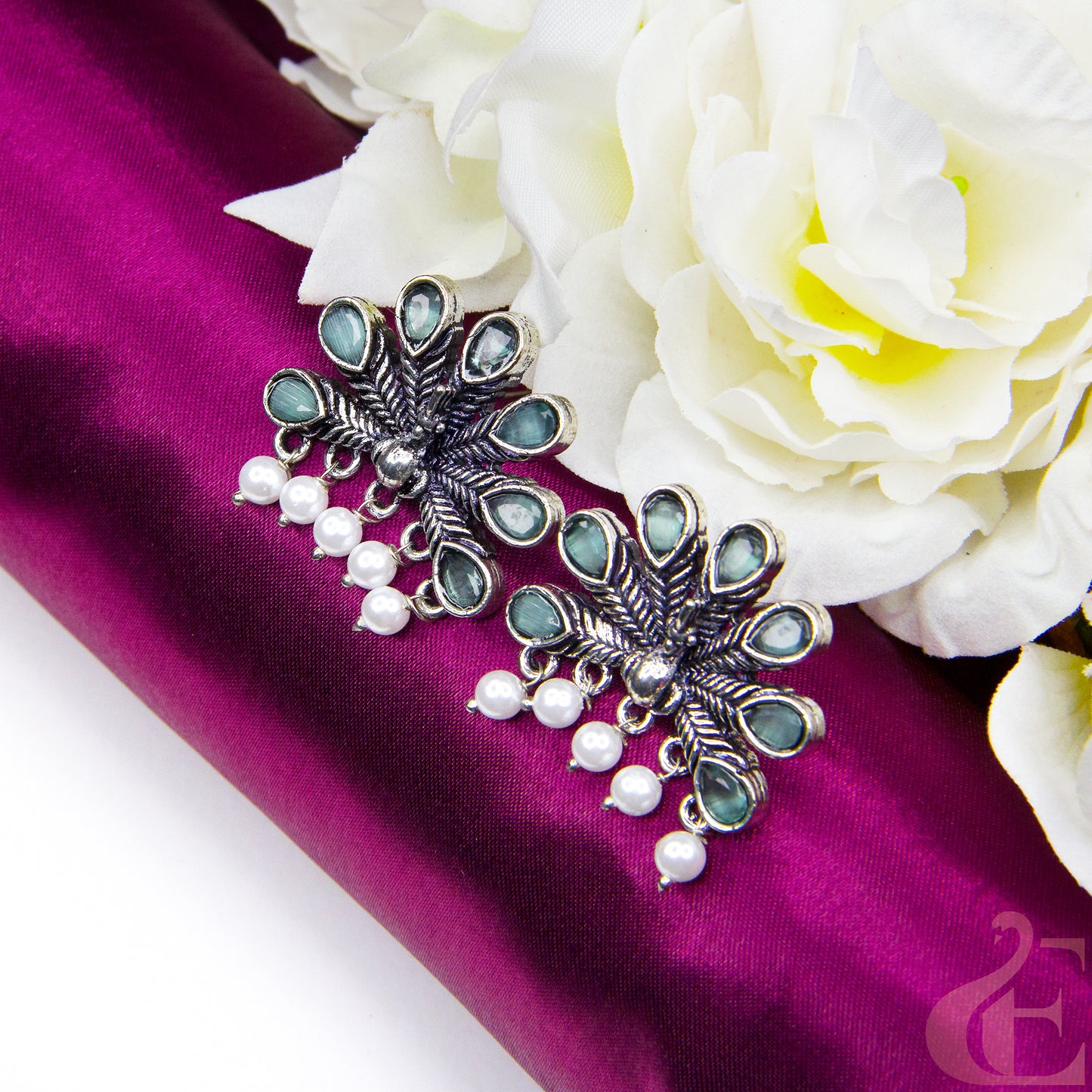 Top view of Oxidised Peacock Light Green Color Earrings 