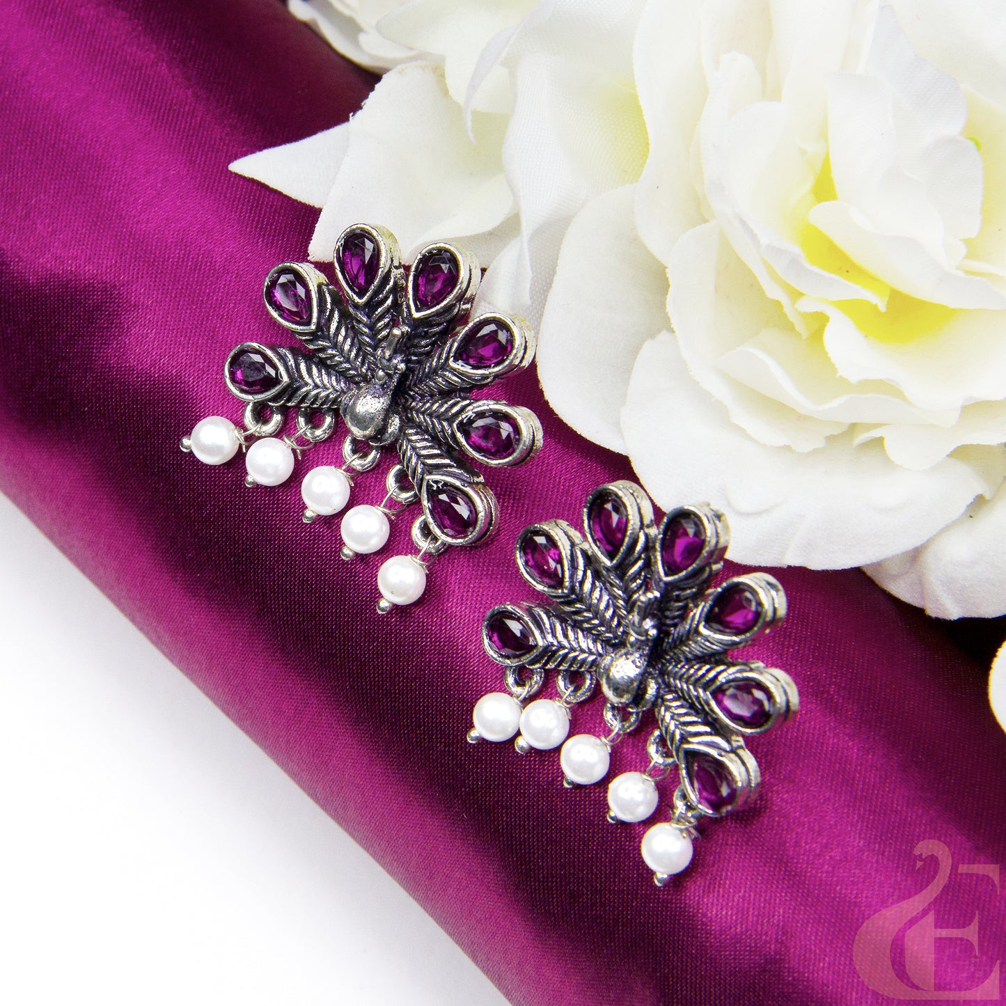 Top view of Oxidised Peacock Rani Pink Color Earrings 