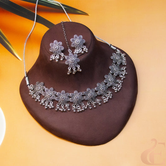 Top view of Oxidized Choker With Earrings & Netti Chutty Full Set 