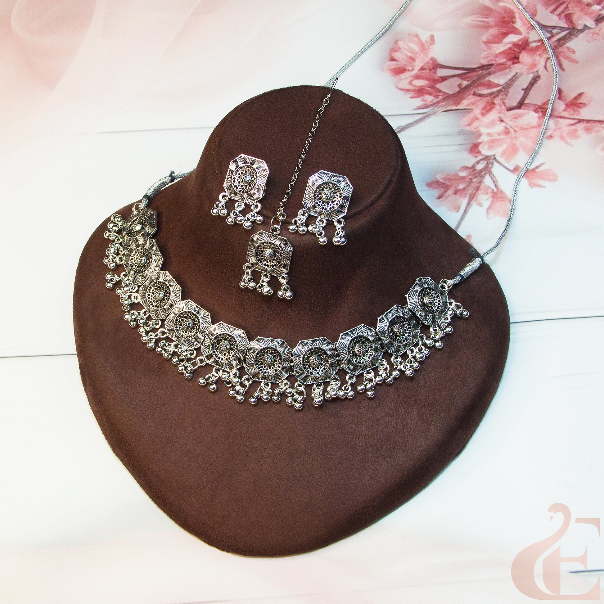 Top view of Oxidized Choker with Earrings & Netti chutty full Set 