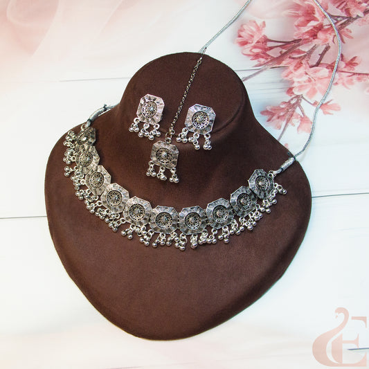 Top view of Oxidized Choker with Earrings & Netti chutty full Set 