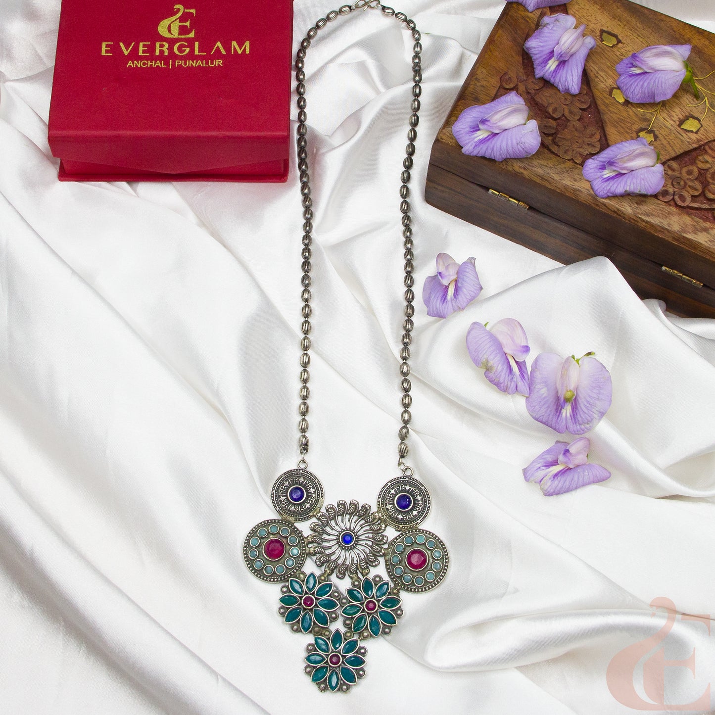 Top view of Oxidized Long Necklace multi color 