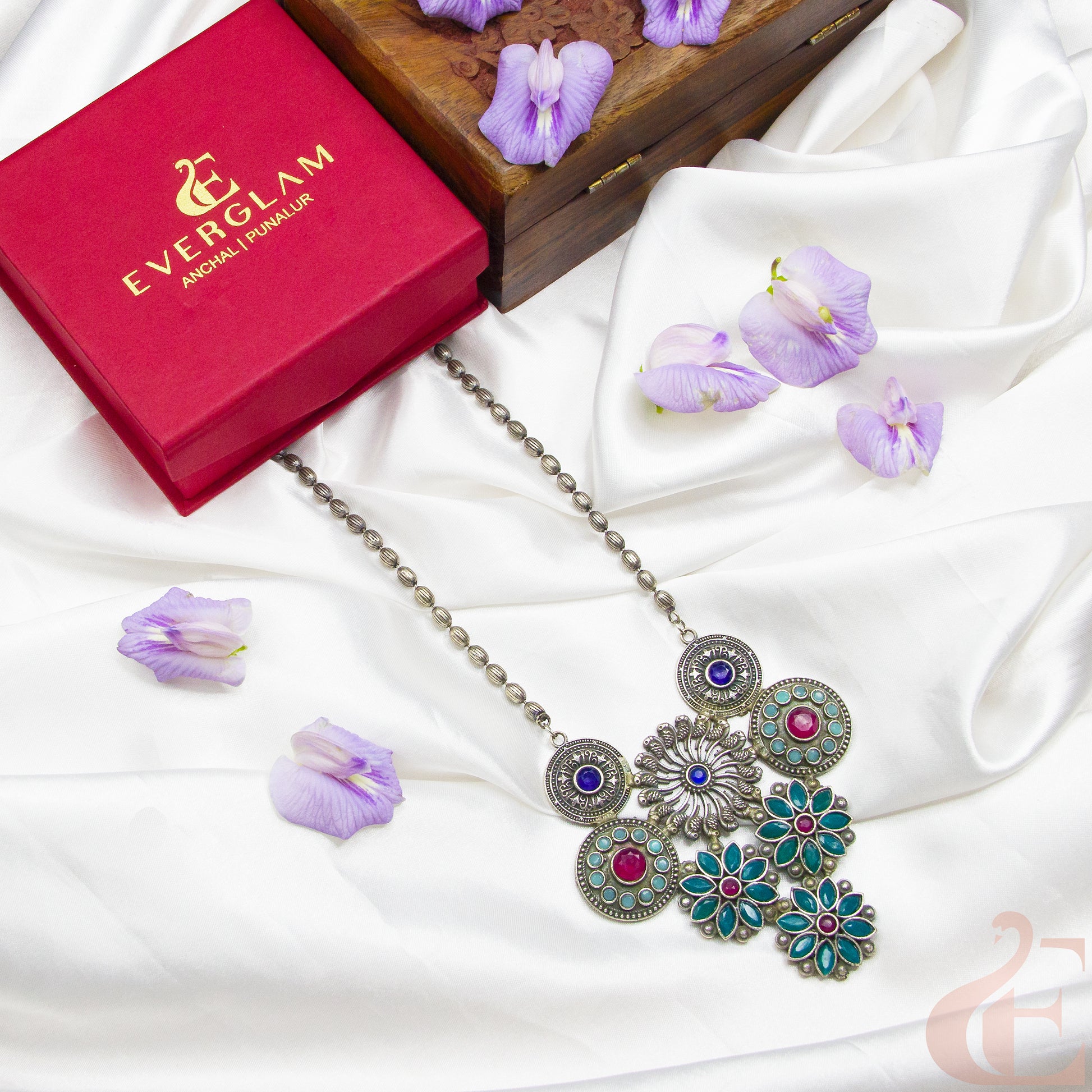 Top view of Oxidized Long Necklace Multi color