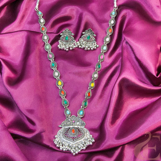 Top view of Oxidized Long Necklace & Earrings , multi color stones