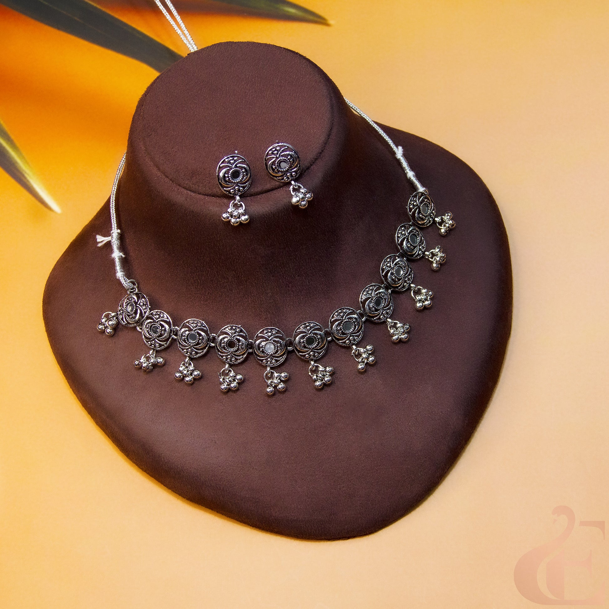 Top view of Oxidized Necklace & Earrings 