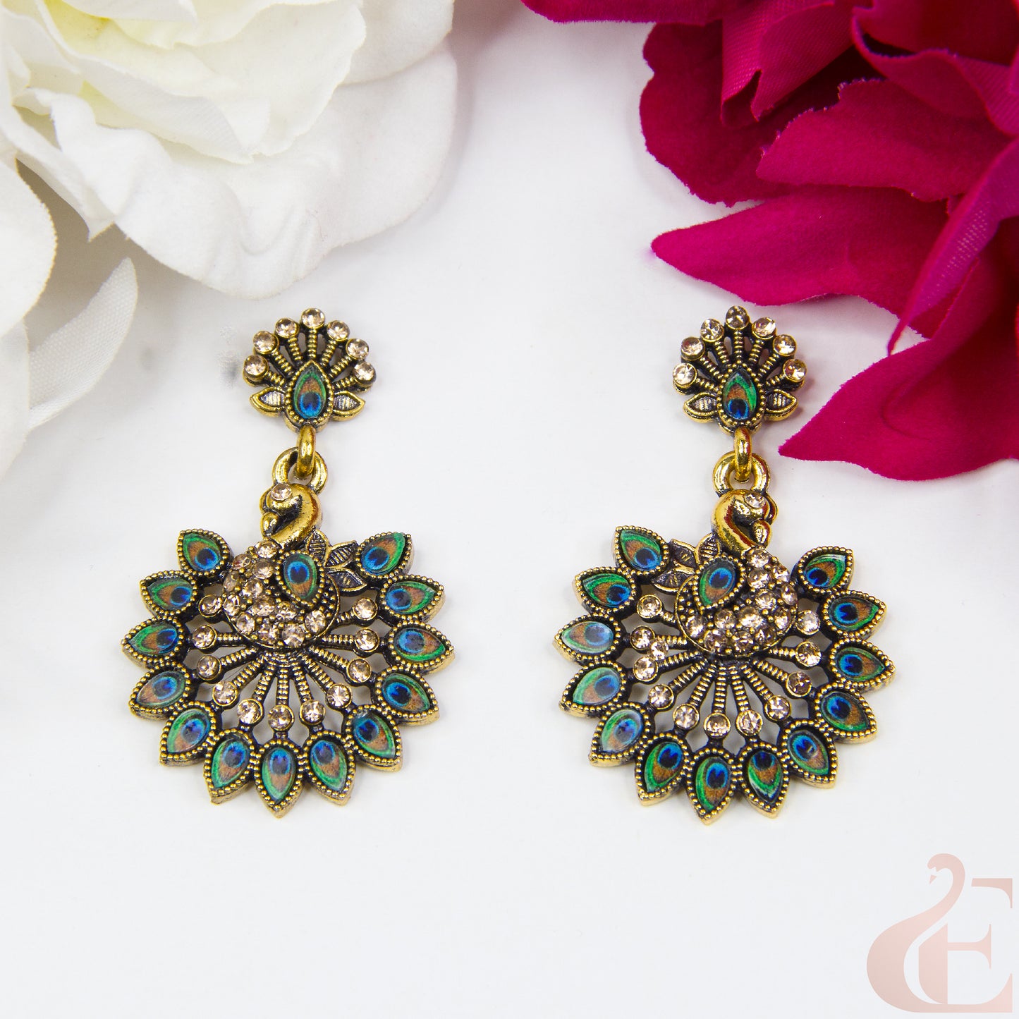 Top view of Oxidized Peacock Earrings 128