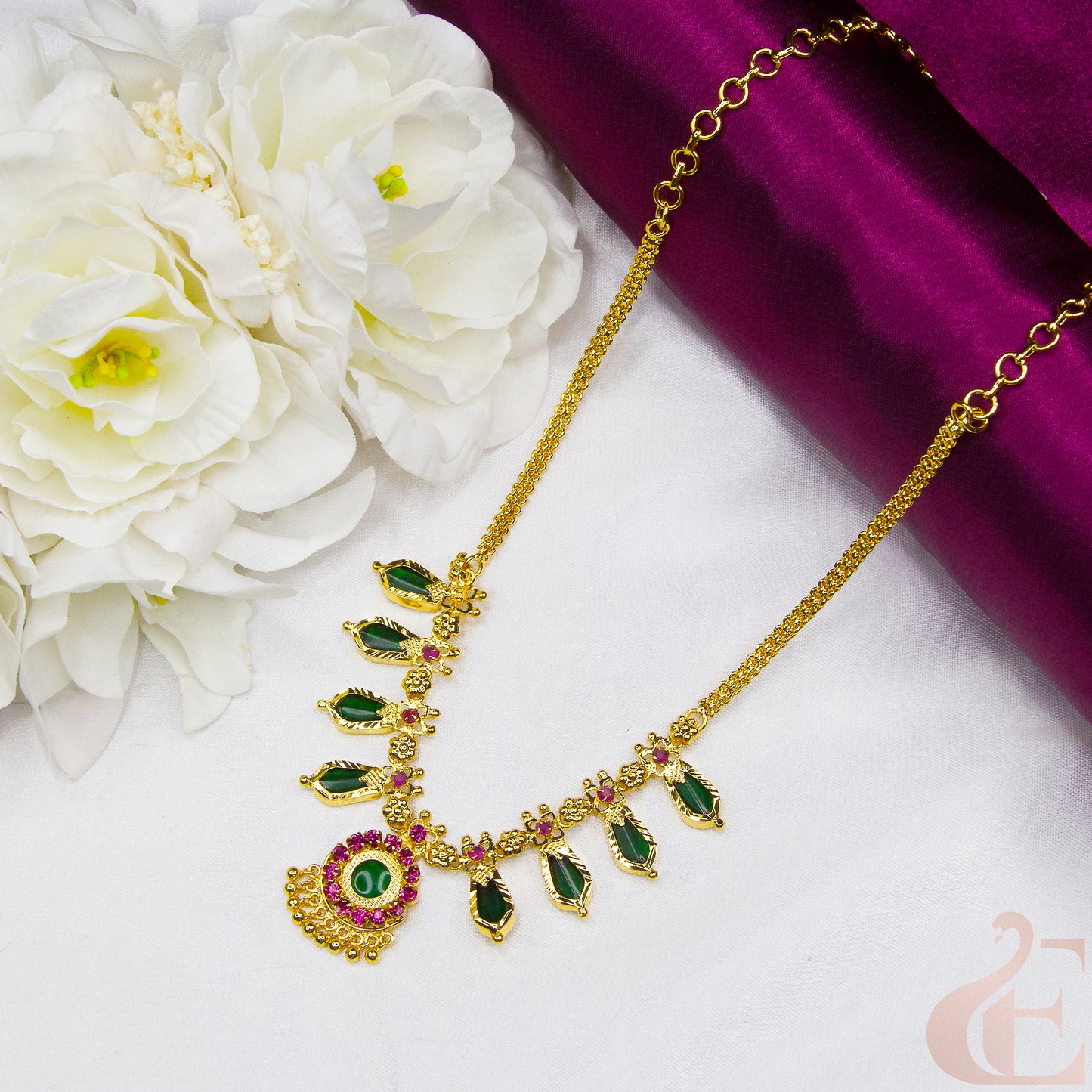 Top view of Palakka Necklace  Nagapadam Design Ruby green