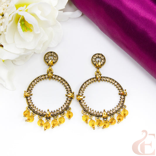 Top view of Pearl Beads work Hanging Earring yellow beats