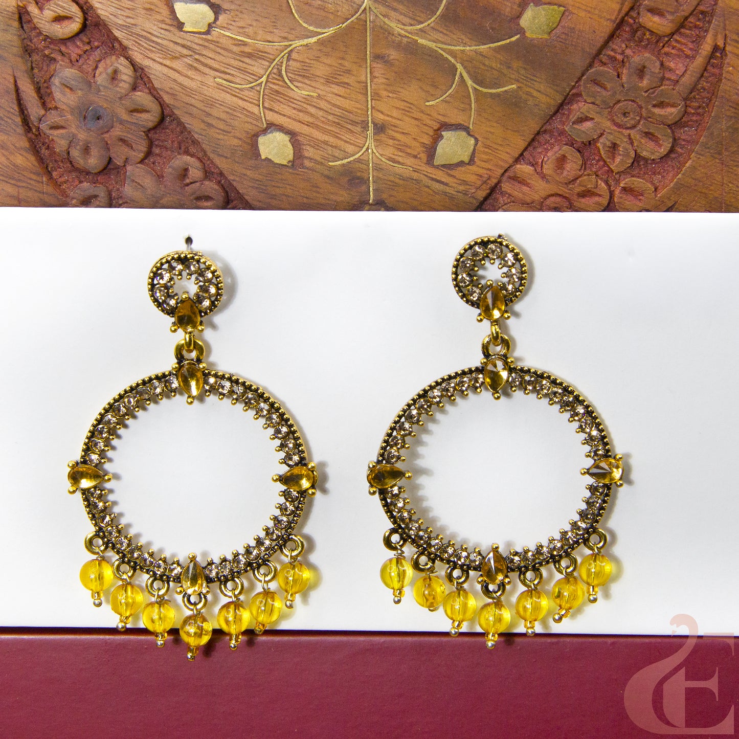 Front view of Pearl Beads work Hanging Earring yellow