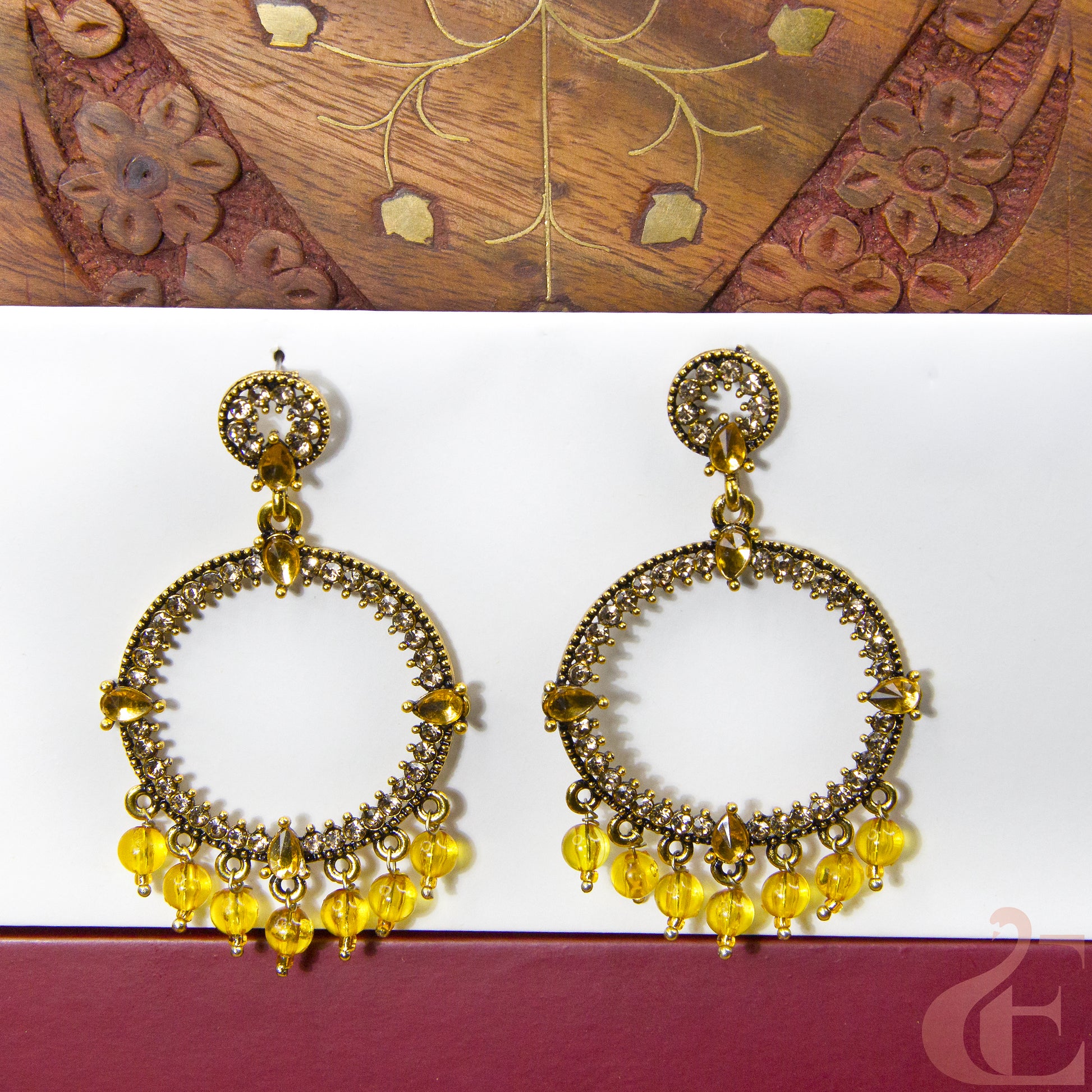 Front view of Pearl Beads work Hanging Earring yellow