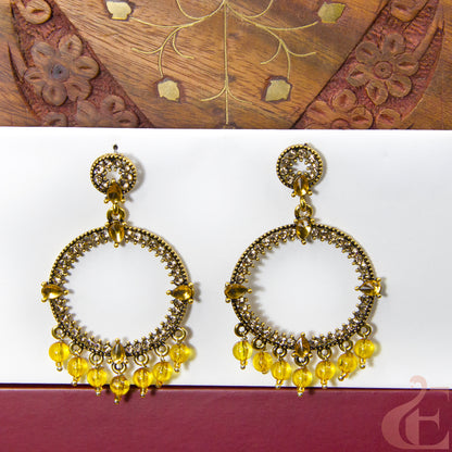 Front view of Pearl Beads work Hanging Earring yellow