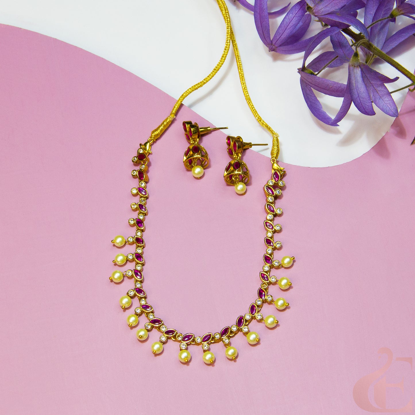 Top view of Premium AD Antique  Necklace & Jhumka Ruby Stone 