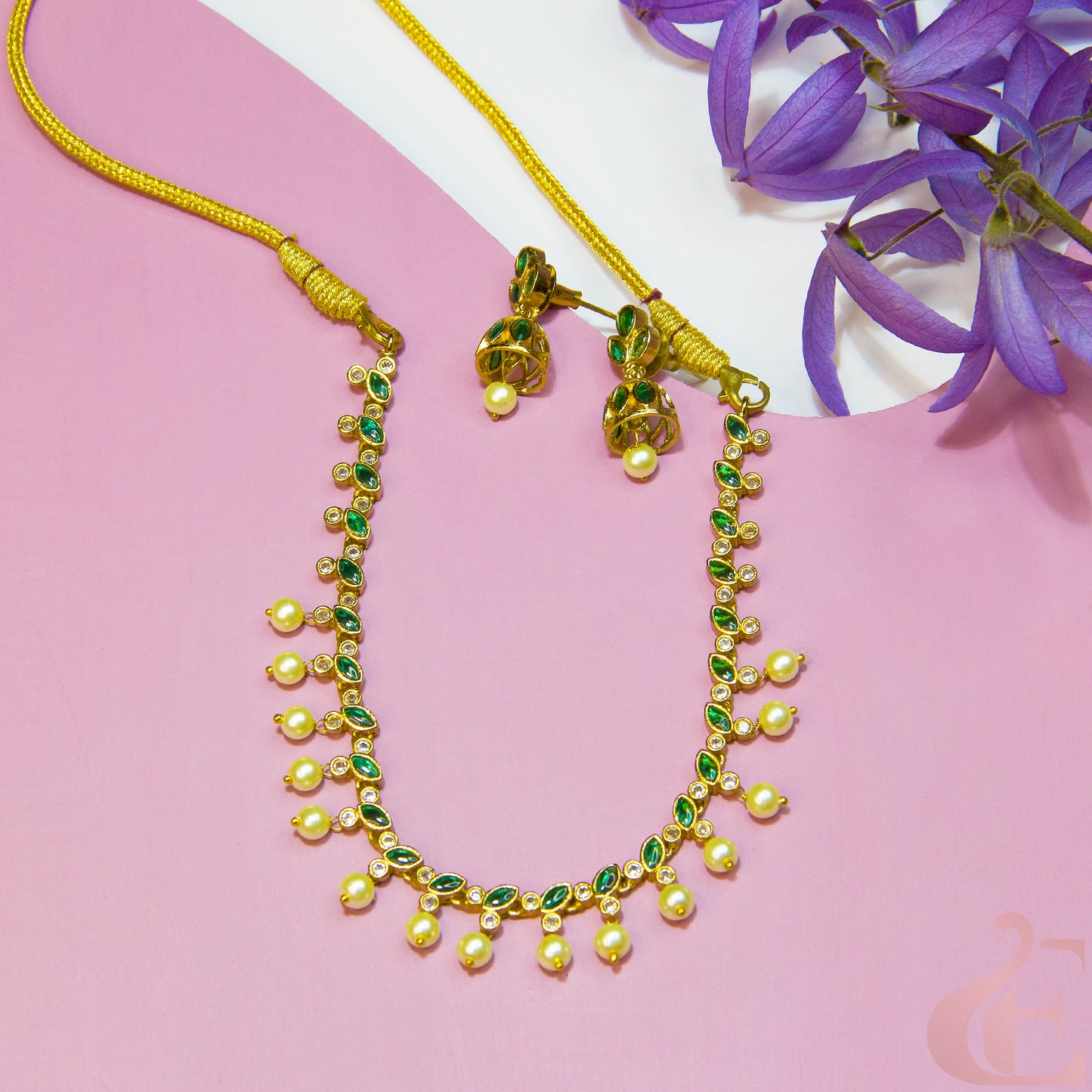 Top view of Premium AD Antique  Necklace & Jhumka Green Stone 