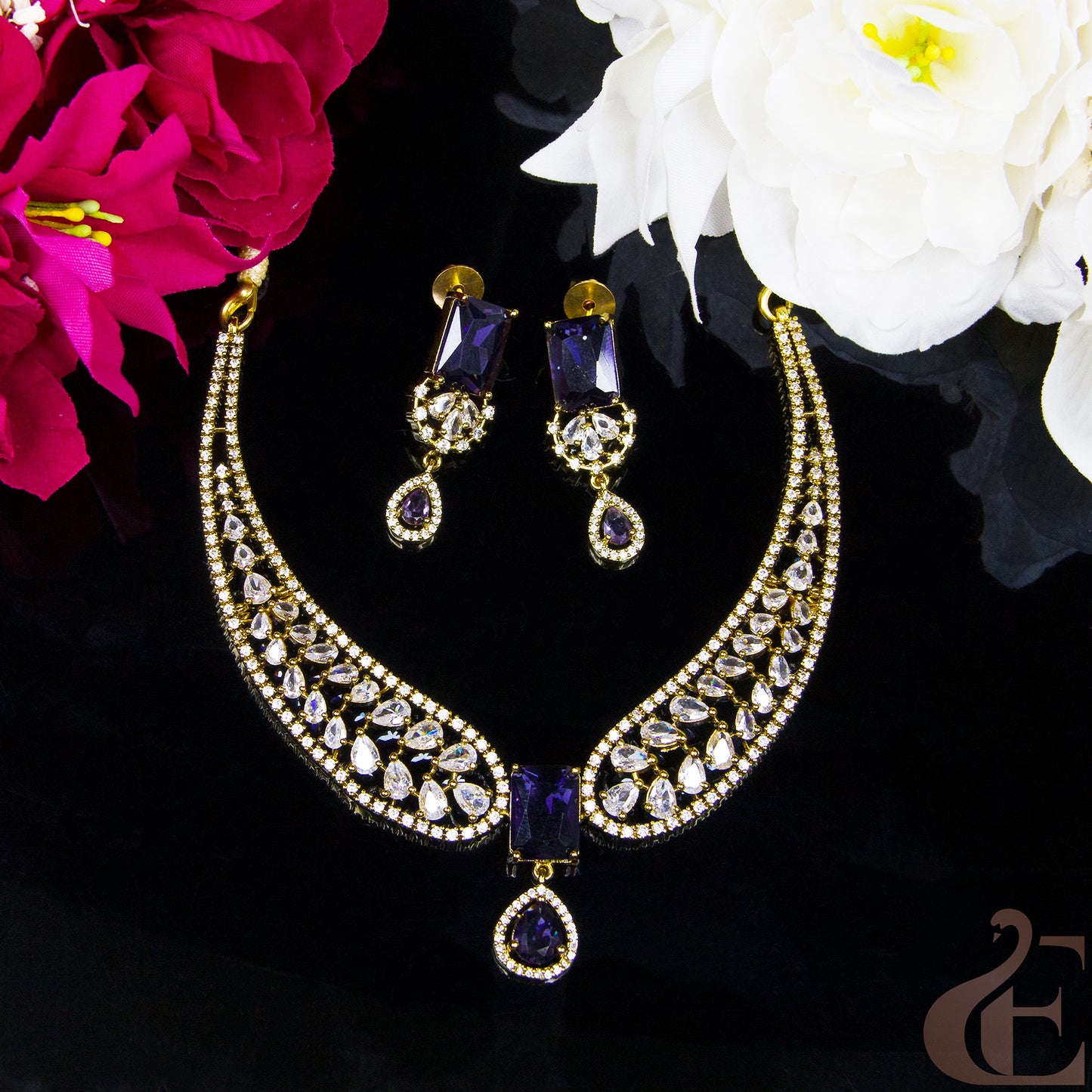 Top view of Premium AD Antique Necklace Set Blue stones  