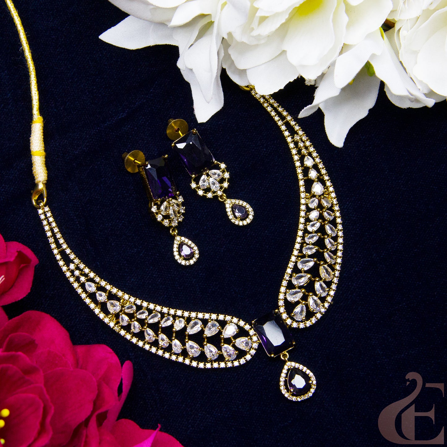 Top view of Premium AD Antique Necklace Set Blue stones  