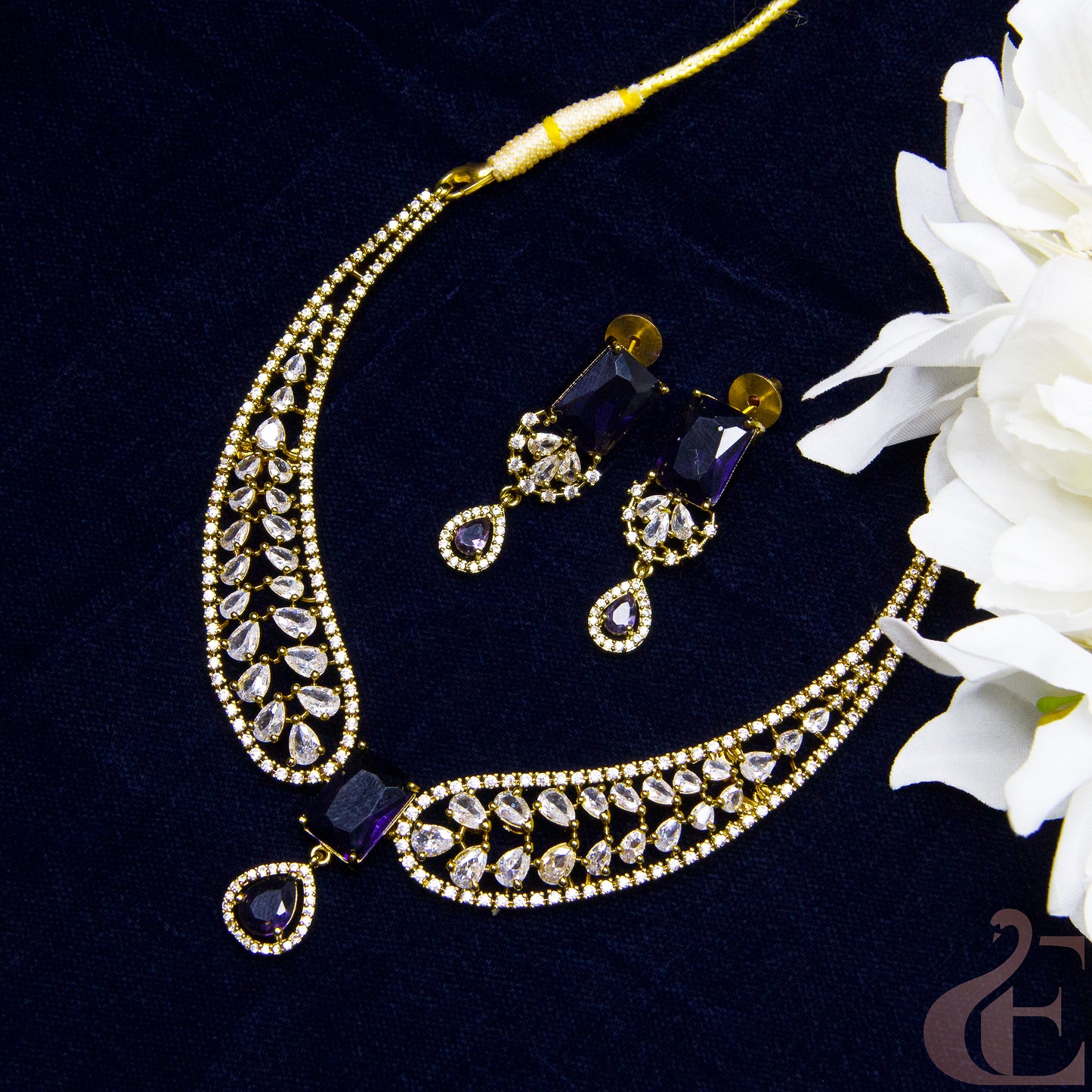 Top view of Premium AD Antique Necklace Set Blue stones  