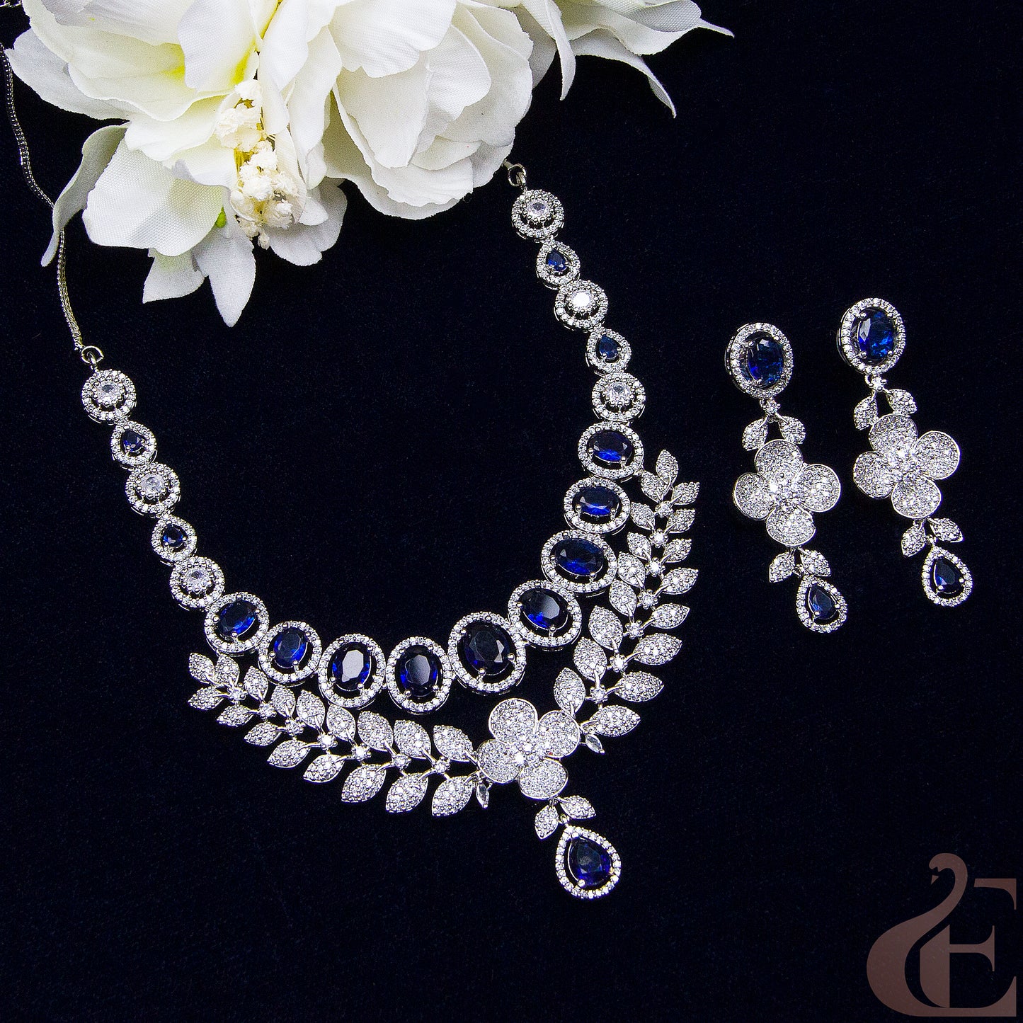 Top view of Premium AD Double layer Necklace & Long Earrings Blue stones 