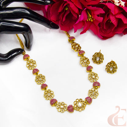 Top view of Premium AD Gold Finish Necklace & Earrings Ruby stones 