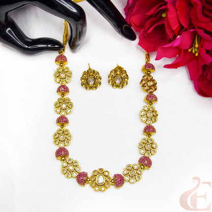 Top view of Premium AD Gold Finish Necklace & Earrings Ruby stones 